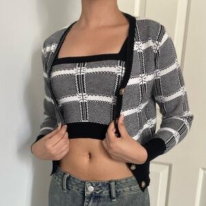 Grey and white plaid cardigan and crop top set